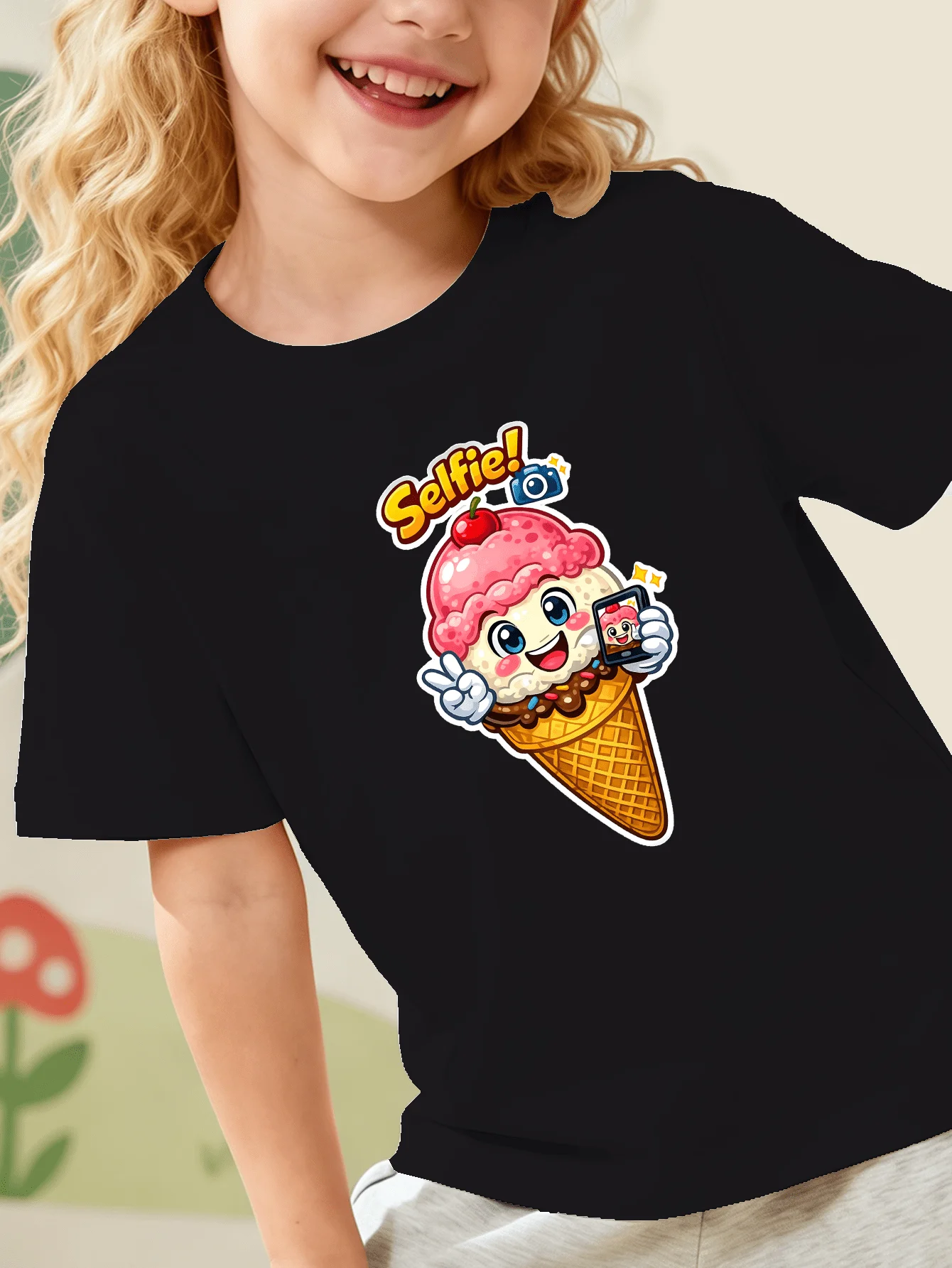 Selfie Ice Cream Cone Kids Tee Cute Dessert Cartoon Print Boys Girls Family Matching Cotton Summer Short Sleeve Children Tshirt