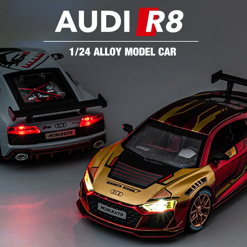 Auti r8 v10子供用レーシングカー玩具、1:24ダイキャストメタルミニチュア、プルバックサウンドとライトコレクション、男の子へのギフト