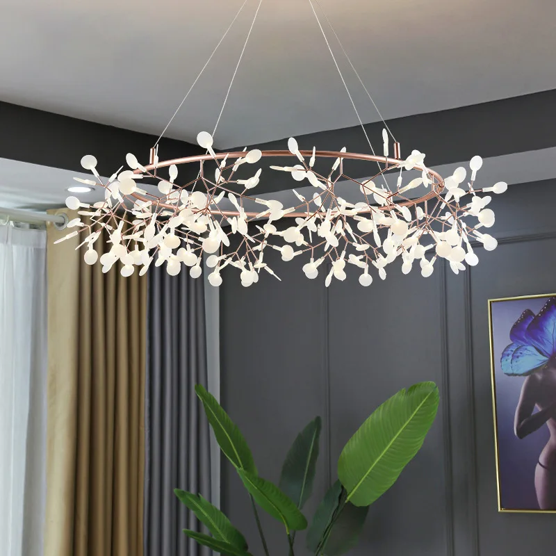 Nordic Chandelier Art Hanging Living Room Chandelier Modern Restaurant Kitchen Firefly Lamp Rose Gold/Black Branch Round Indoor