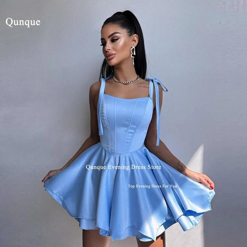 

Qunque Sexy Spaghetti Straps Prom Dresses Simple Sleeveless Satin Cocktail Dress Short Evening Party Gowns Vestidos De Cóctel