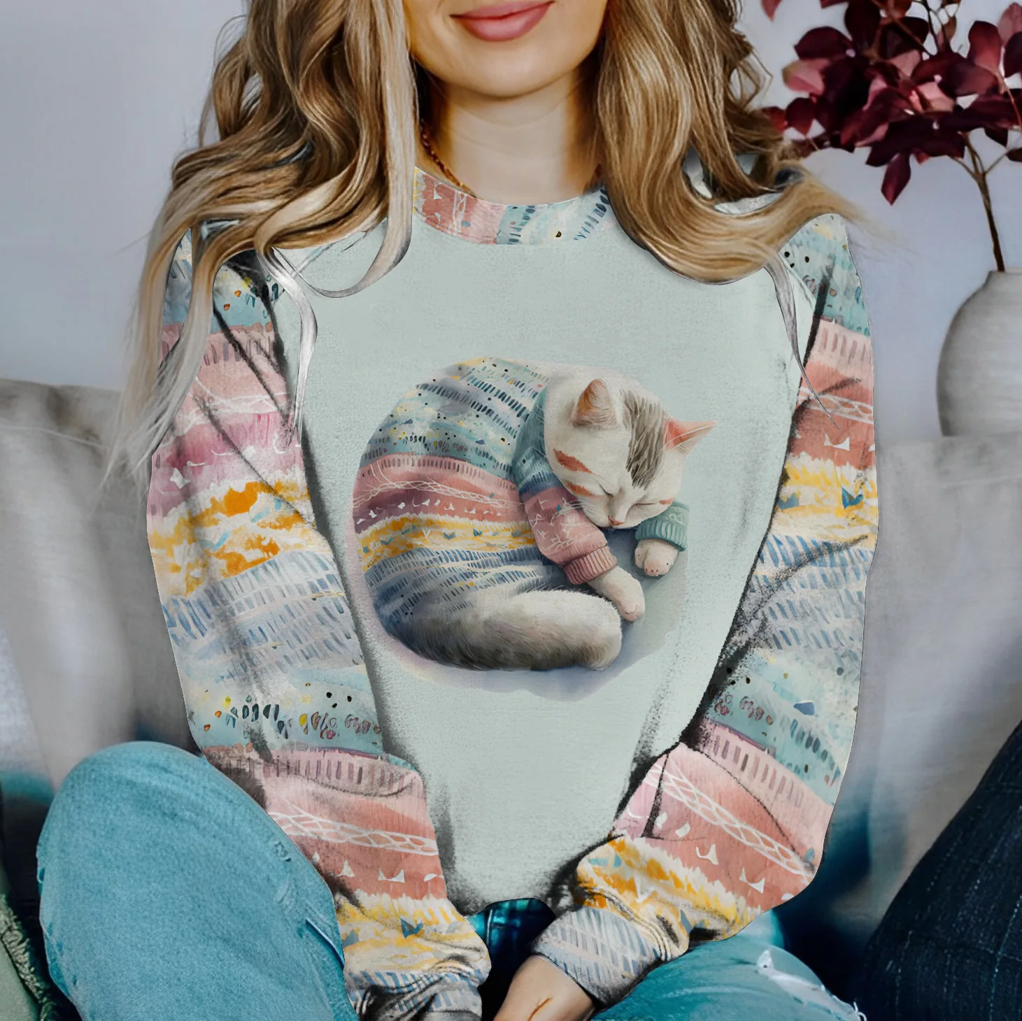Nette Katze Muster 3D Druck Sweatshirts frauen Raglan Lange Ärmel Hoodies Streetwear Y2k Pullover Harajuku Top Weibliche Kleidung