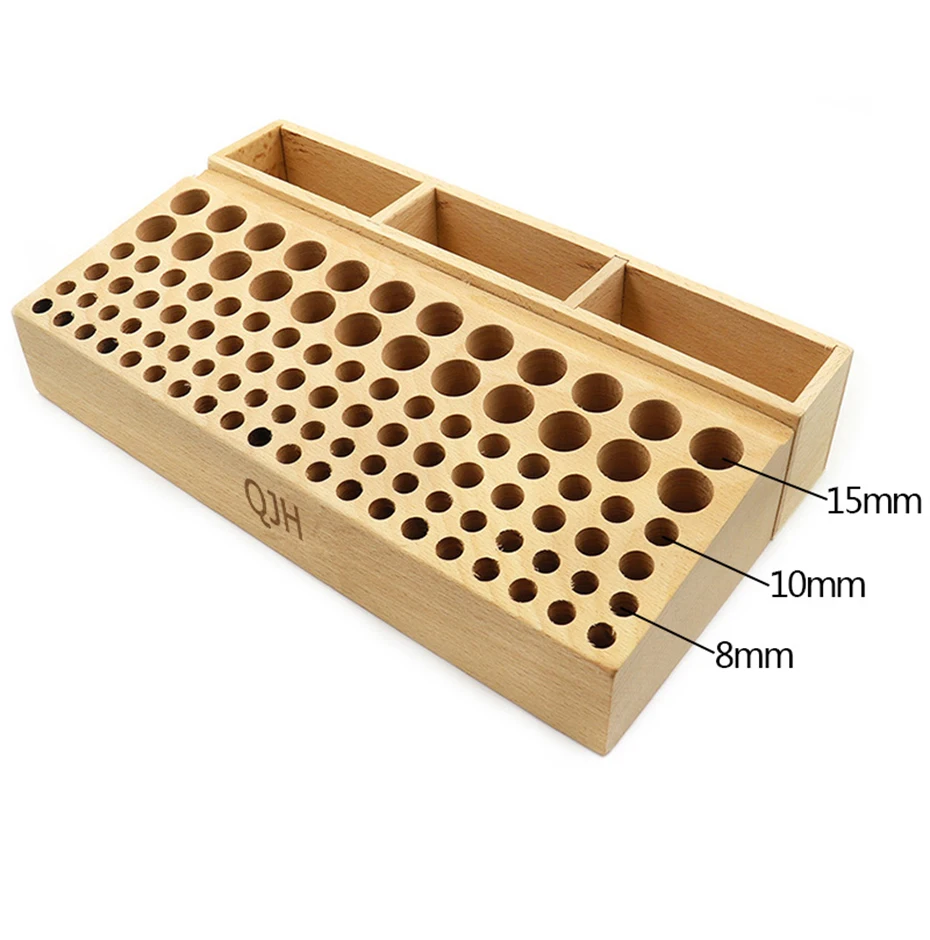 QJH Handwerkzeughalter-Box mit 46/98 Löchern, Organizer, Holzständer für Lederhandwerk, Stanzwerkzeuge, Schnitzwerkzeuge, Bohrer-Aufbewahrung – Detail 13