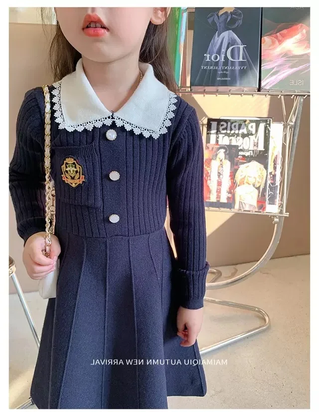 Girls 2024 Spring and fall new baby girls Academy woolen dress Children\'s long-sleeved lapel style sweater dress size 90-140