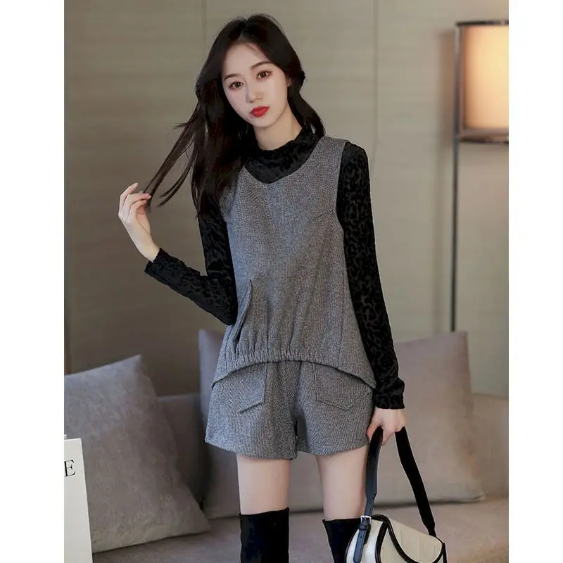 Spring Summer Fashion Plaid Vest High Waist Shorts And Black Long Sleeve Tshirt 3 Piece Sets Vest Jacket Suits Womens Casual Set