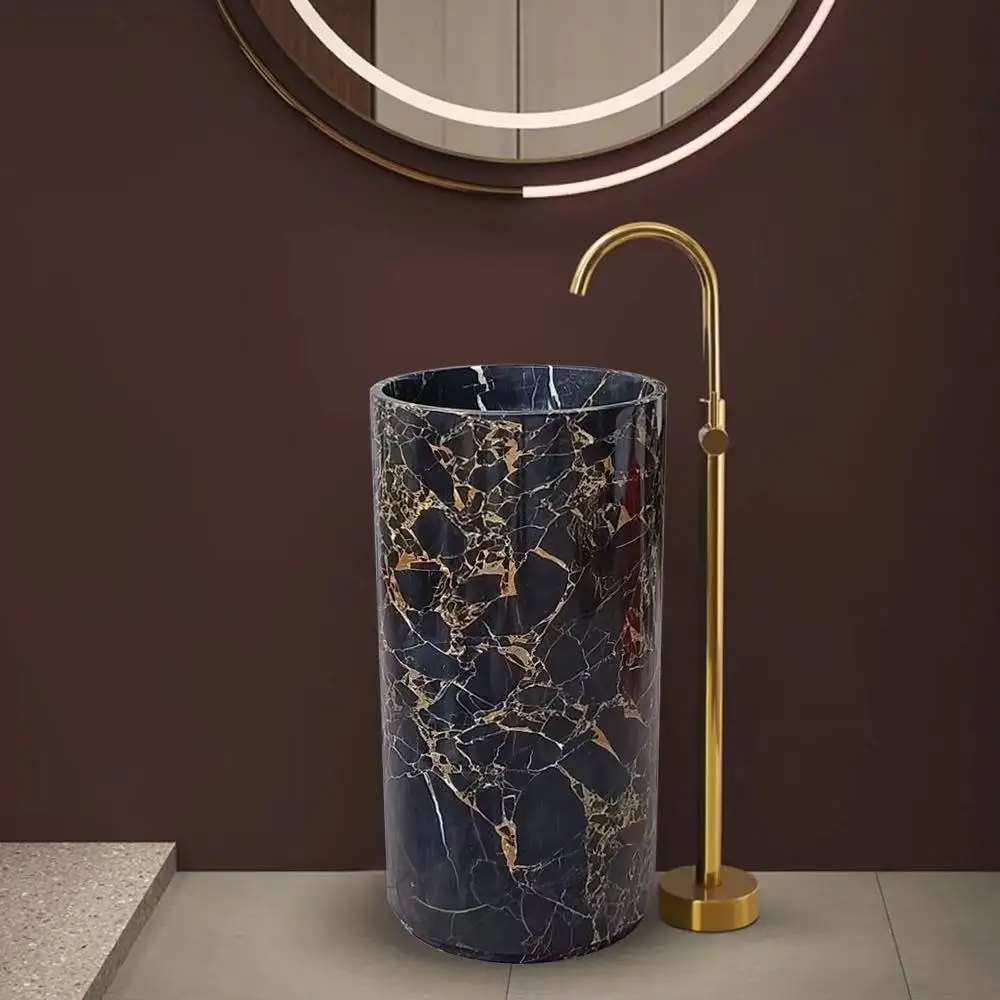

S*& Luxury Bathroom Portoro Black Marble with Golden Vein Pedestal Wash Basin Marble Sink Luxury Wash Basins and Sinks