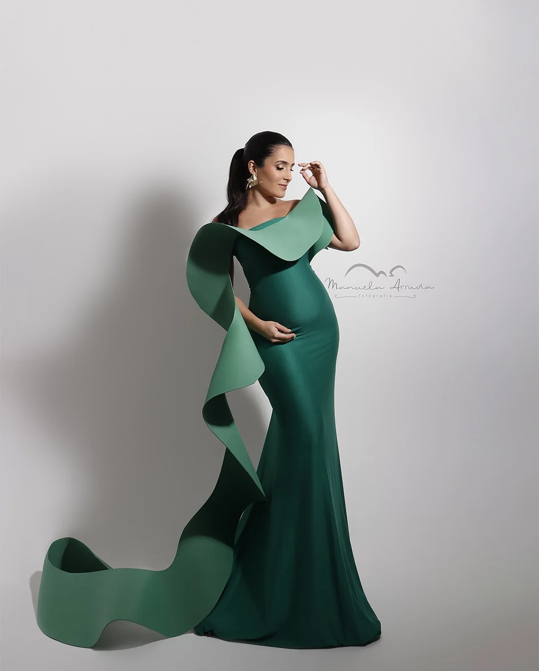 Vestidos largos de satén verde a la moda para embarazo, vestidos elegantes recortados en 3D con volantes, vestido ajustado para mujer, vestido elegante fruncido personalizado