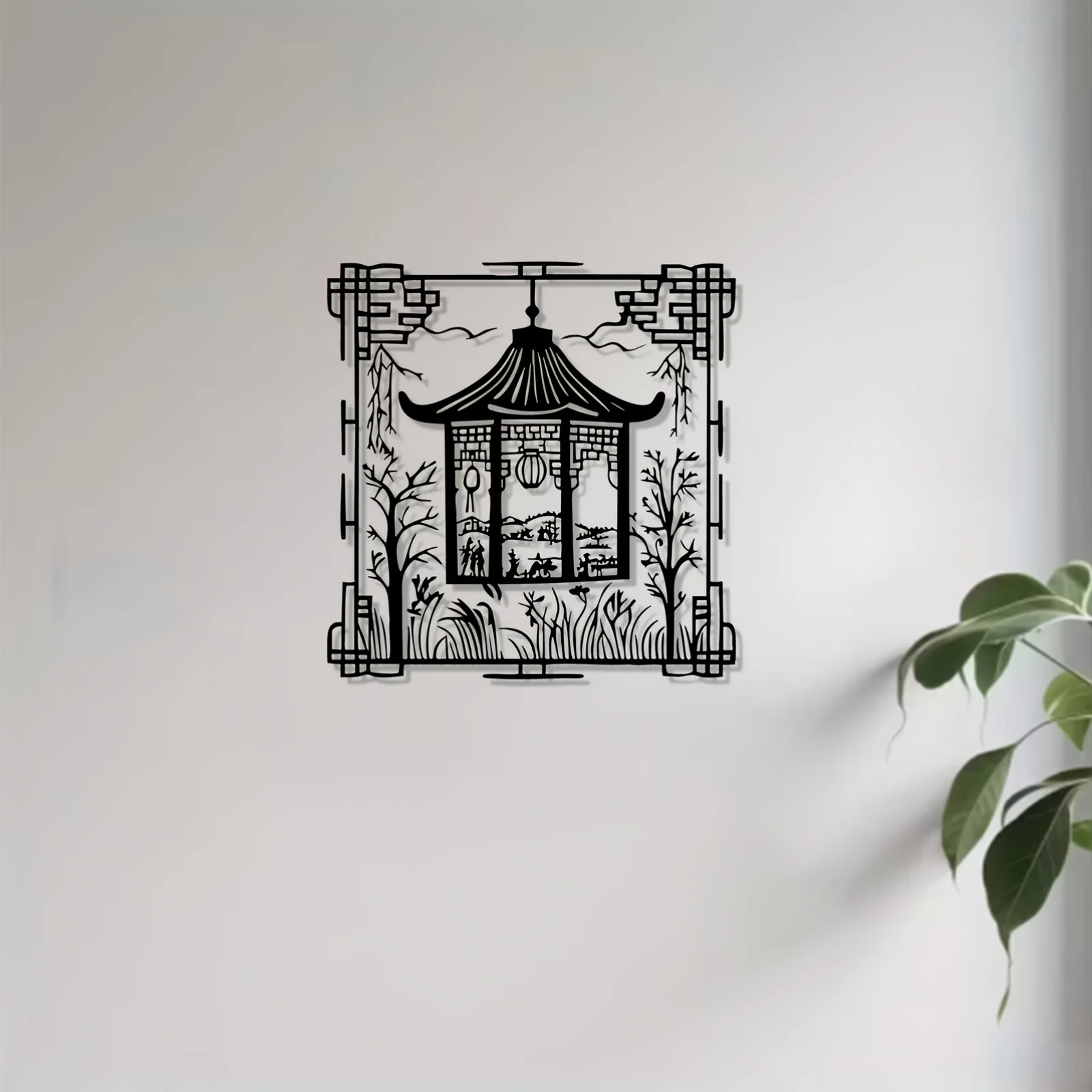 Brand Chinese Pavilion Iron Wall Art Rustproof Weatherproof Metal Mural Oriental 2D Flat Indoor Outdoor Garden Home Wall Decor