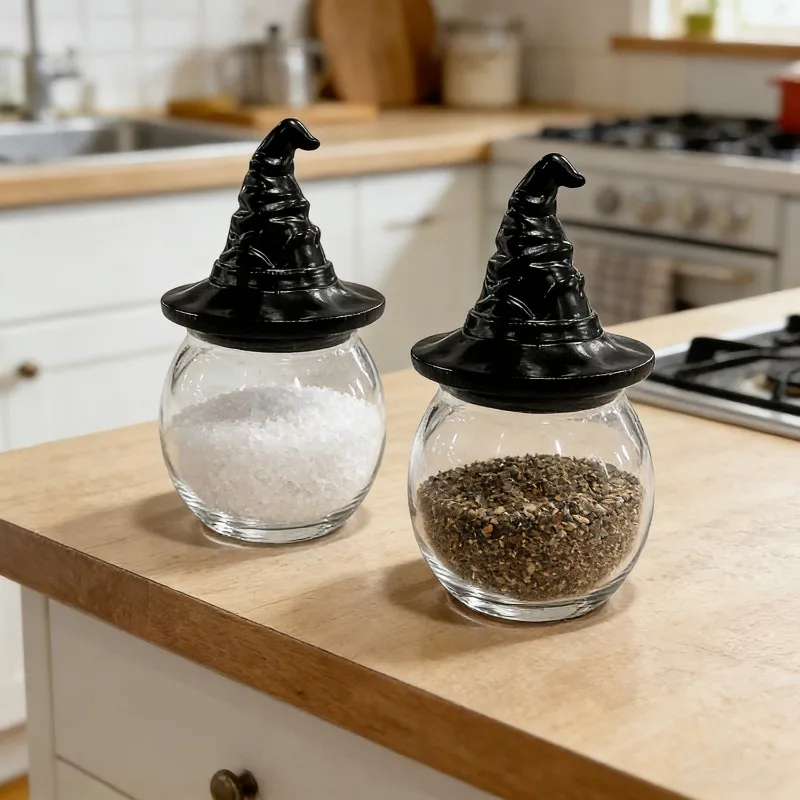 1/3PCS Witch Hat Spice Jar Mini Round Glass Witch Hat Spice Jar Halloween Themed Airtight Canister Coffee Bean Dried Storage
