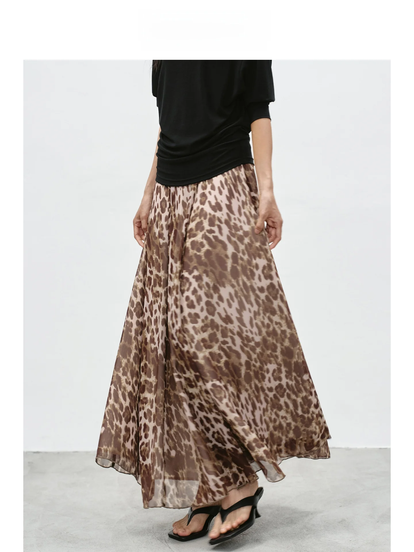 

EIGHTHMONTH Casual High Waist A-Line Skirt Draped Midi Skirt with Large Flounce Lightweight Chiffon Loose Fit Tea Brown Leopa...