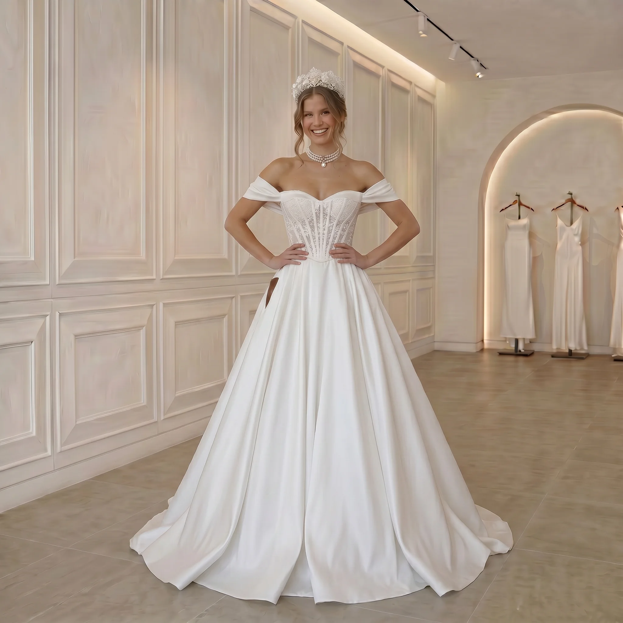 Lace Corset Ballgown Wedding Dress Satin Skirt High Slit Cathedral Train Princess Bridal Gown Custom Ivory Vestido De Novia