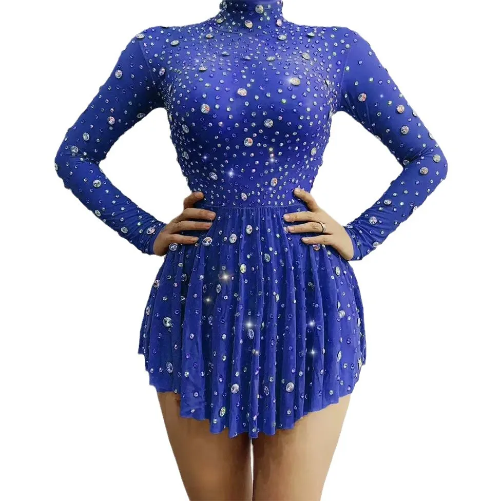 Sparkling Rhinestone Stand Collar Party Dress - Glam Stage Costume for Nightclub Performance & Birthday Celebration Mesh Dresses