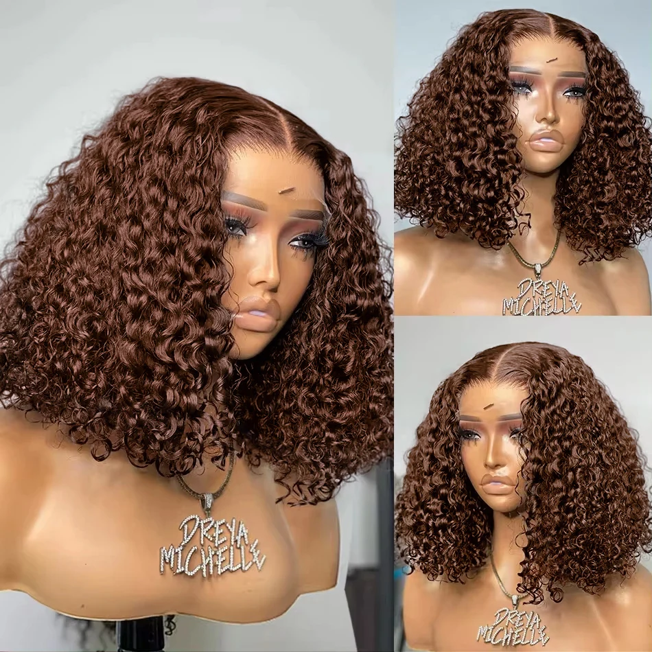 Chocolate Brown Short Curly Deep Wave Cut Bob 13x4 Lace Frontal Wigs Transparent 4x4 Lace Front Wig #4 Colored 100% Human Hair - view 2