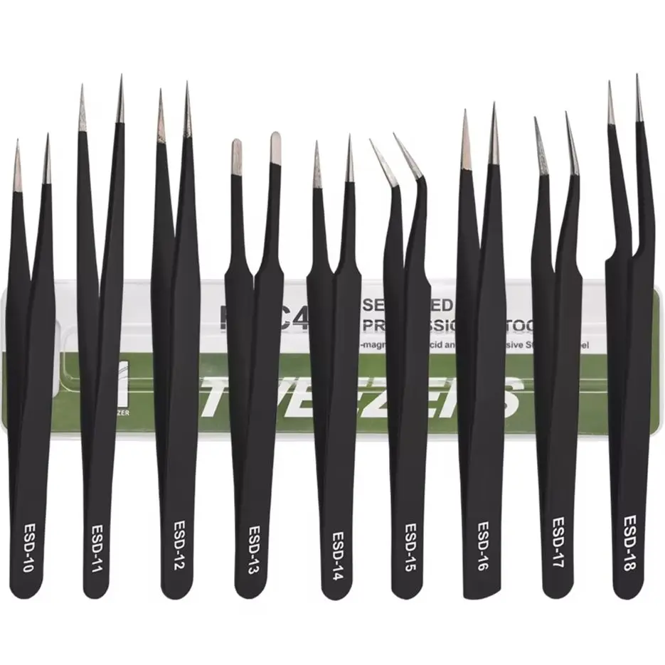 

Green Package Tweezers Metal ESD- 10 11 12 13 14 15 16 17 18 Black Tweezers Forceps Nipper DIY Repair Tool Hot Sale 480pcs/lot