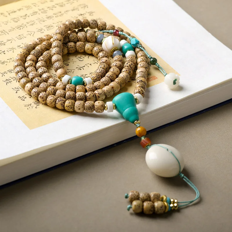 Original Star Moon Bodhi Seed 108-Bead Bracelet Antique Ivory Fruit Peace Buckle Sweater Chain Necklace