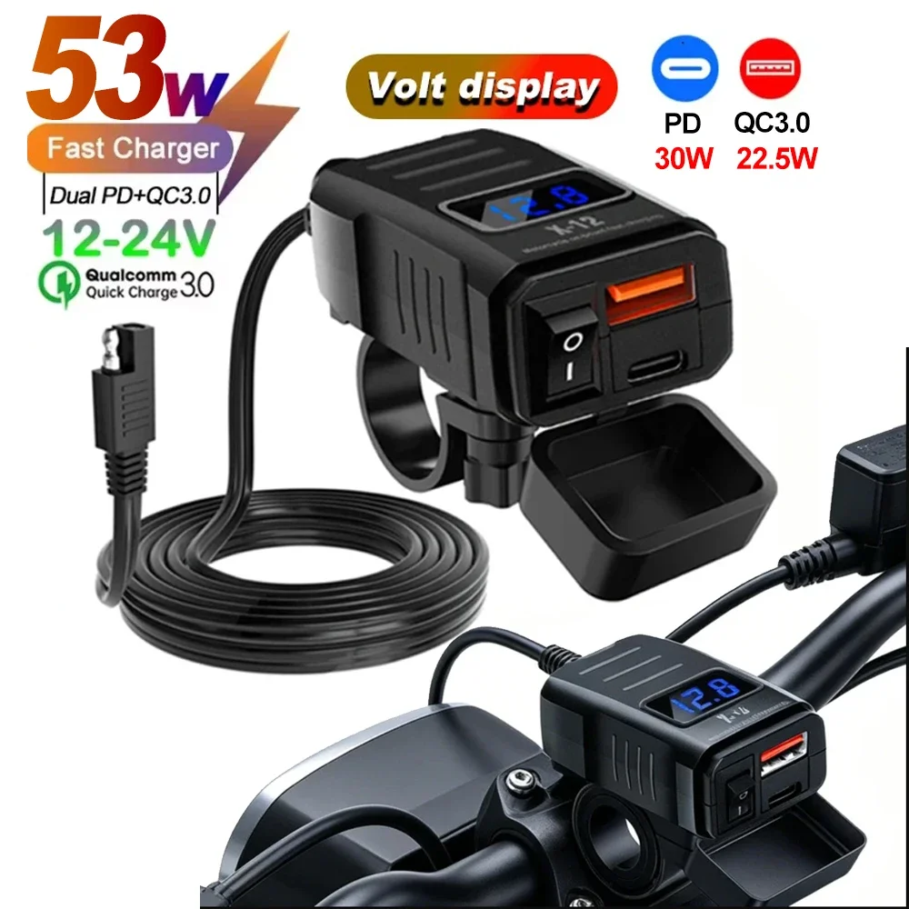 Waterproof Motorcycle USB Charger PD QC3.0 Fast Charging 12-90V with Switch Voltmeter for Car ATV UTV Boat RV