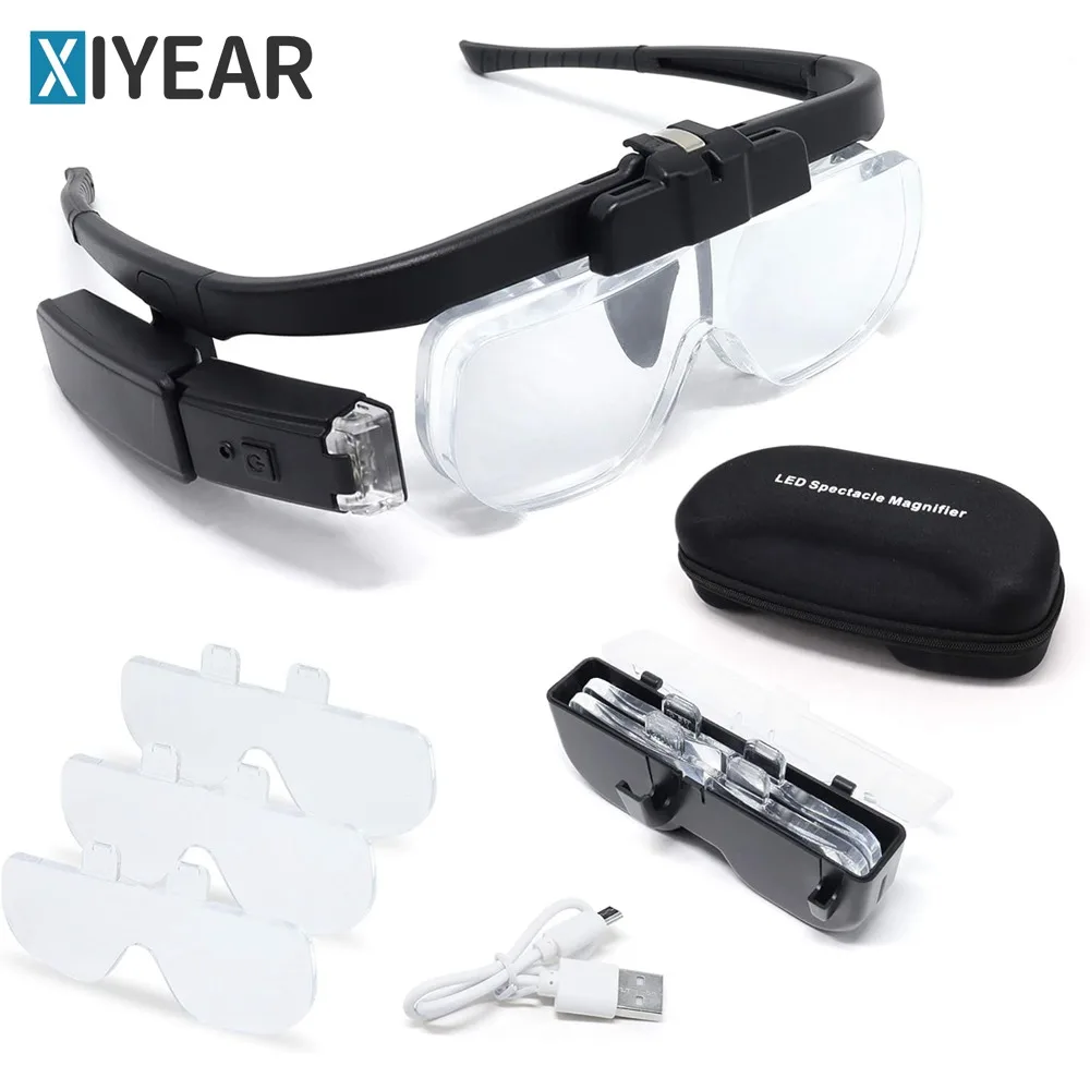 

Head-mounted Magnifier USB Rechargeable LED Illuminated Eyeglasses Magnifier Six Magnification Reading Circuit Repair