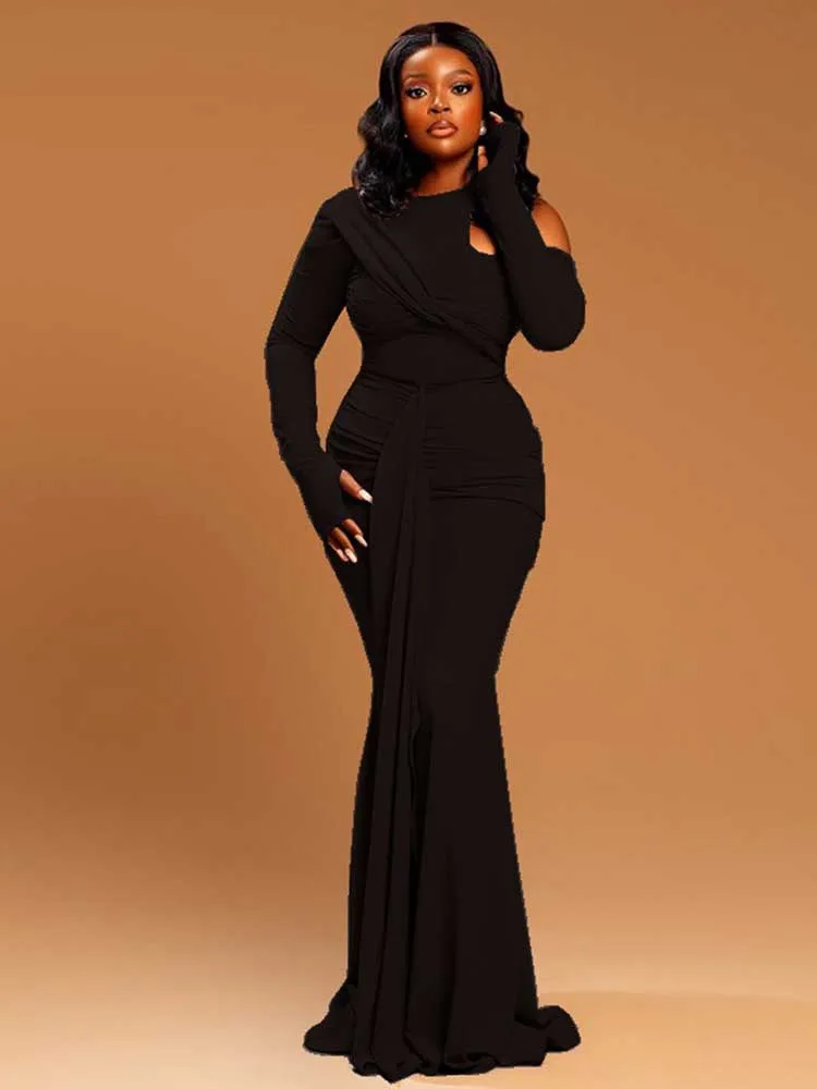 Solid Color Party Dress Lace-up Slimming Waist Woman Autumn Long Sleeve Dresses Elegant One Side Off Shoulderd Sexy Maxi Dress