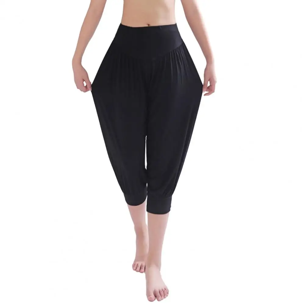 Pantalon de yoga à jambes larges pour femmes, pantalon court, bouffant, ceinture élastique large, performance de danse, document monochrome, été