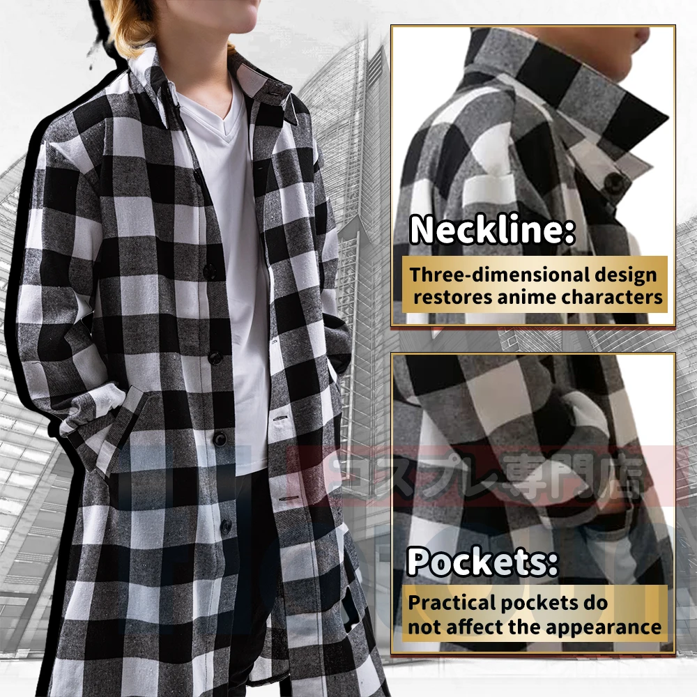 HOLOUN Anime Tokyo Manji Gang Manjiro Sano Mikey Cosplay Costume Long Sleeve Plaid Shirts Blouses Coat Daily Casual Wear