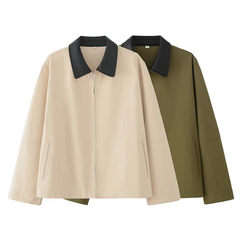

Women Stylish PU Leather Zipper Lapel Casual Jacket Tops New Spring Autumn Fashion Commuter Jacket High Street Coat