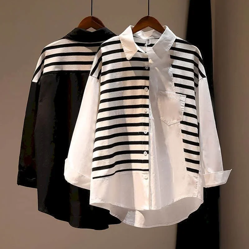 Camisas para mulheres polo-pescoço estilo coreano blusa de grandes dimensões listrado retalhos falso duas peças manga comprida casual solto feminino topos