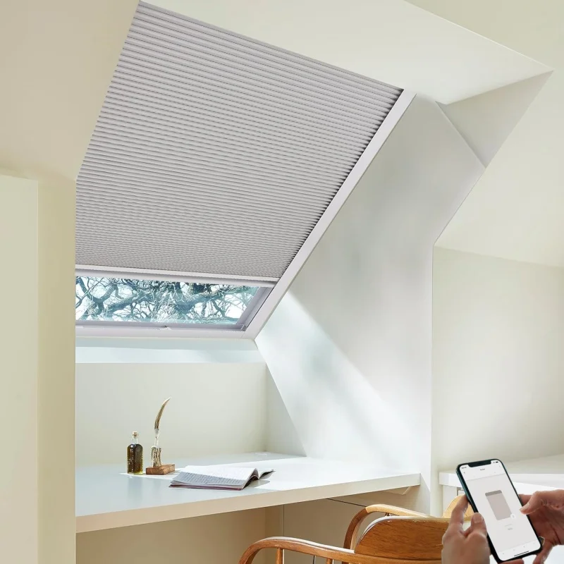 

Custom 100%Blackout Noise Reduction Rechargeable Battery Motor Wifi Phone To Control Electric Cellular Shades For Roof Ceiling