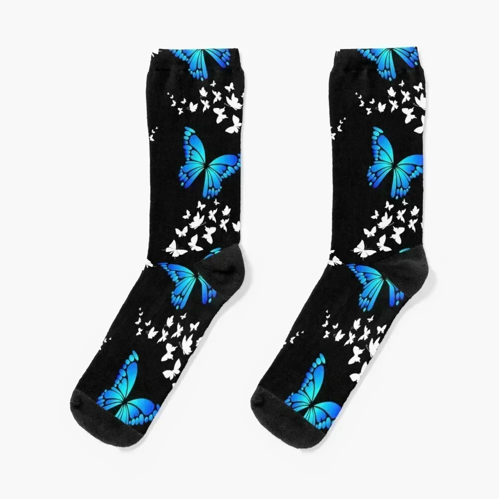 

Blue and White Butterfly Pattern on Black Background Socks christmass gift ankle FASHION gym Man Socks Women's