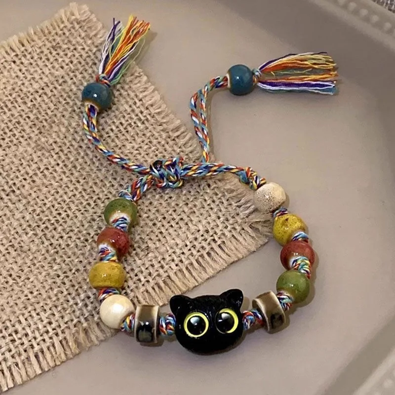 2PCS Tassels Big Eye Cat Bracelets for Women Men Sweet Cool Skull Ceramic Beaded Bracelet Aesthetic Party Jewelry Accessories