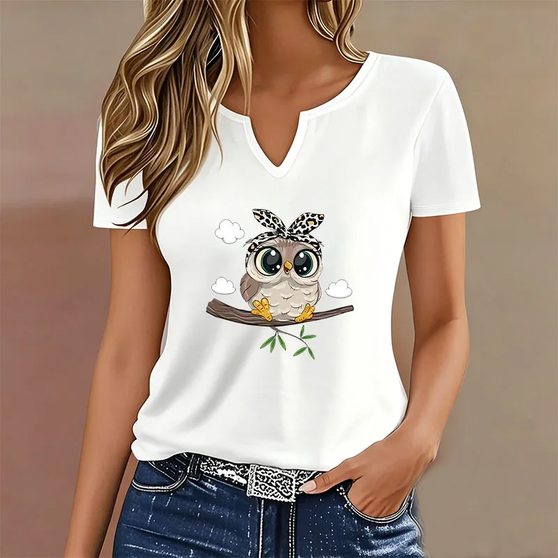 Funny Cartoon Owl Print T-shirt V Neck Casual Y2k T Shirts Women Short Sleeve Tee Shirt V-Neck Summer Spring