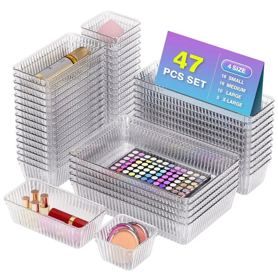 

PCS Clear Plastic Drawer Organizer Set 4 Sizes Makeup Organizer Desk Drawer Divider Bathroom Organizers and Storage Bins for Mak