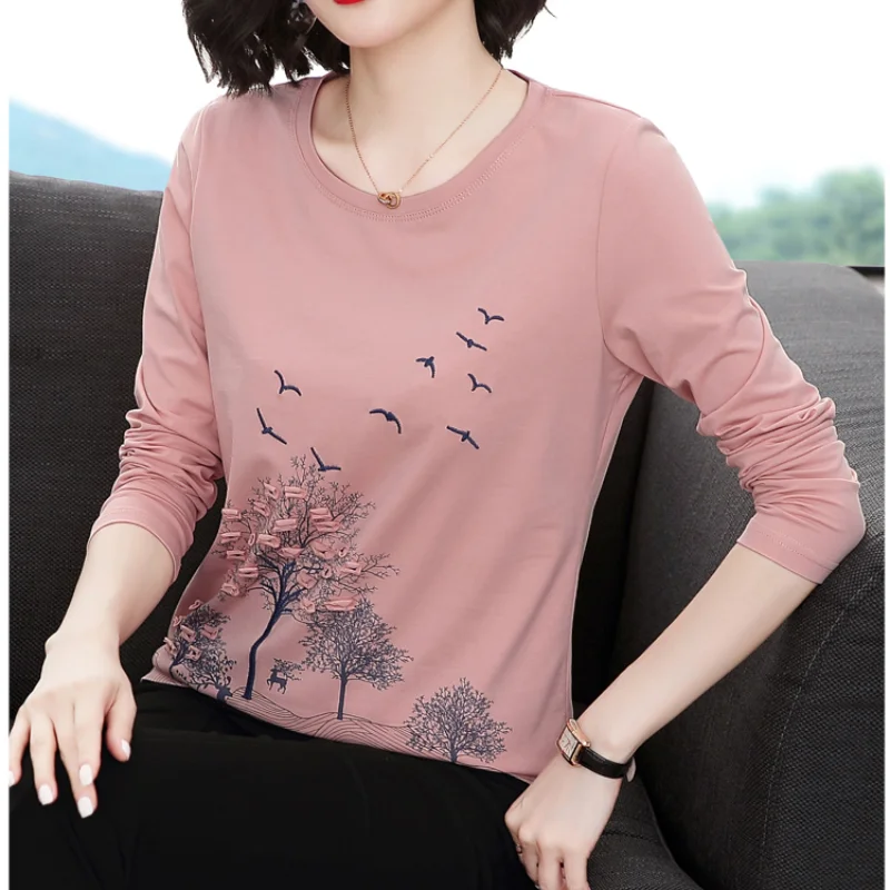 Spring and Autumn Women\'s Style Crew Neck Long Sleeve Loose Plus Size Pullovers Printed Embroidery Fashion Casual Tops