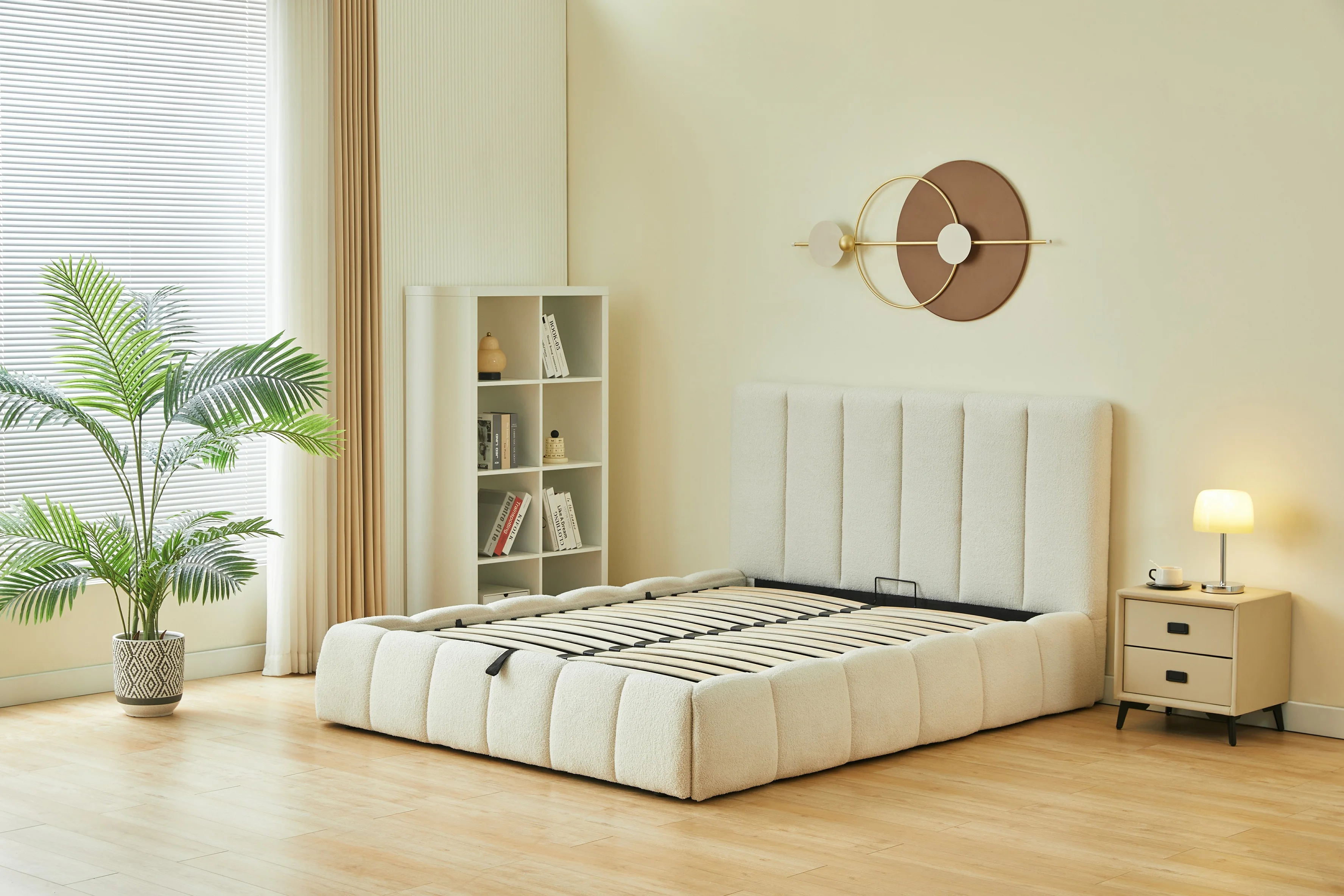 Wholesale Minimalist Nordic Modern Upholstered Wooden Bedframe Teddy White King Size Gas Lift up Bed Frame With Storagepromote s