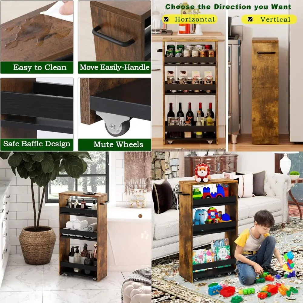 

4-Tier Rolling Storage Cart with Handle, Compact Utility Trolley for Kitchen & Laundry Spaces in Brown and Black