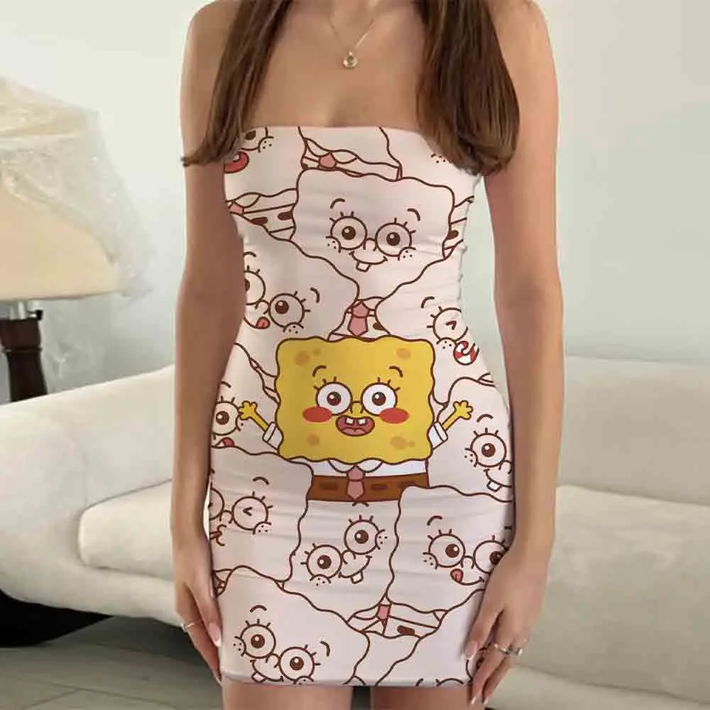 Vestito a tubino avvolgente alla moda, confortevole e casual SpongeBob cartoon pattern dress 2024 nuovo abbigliamento estivo da donna