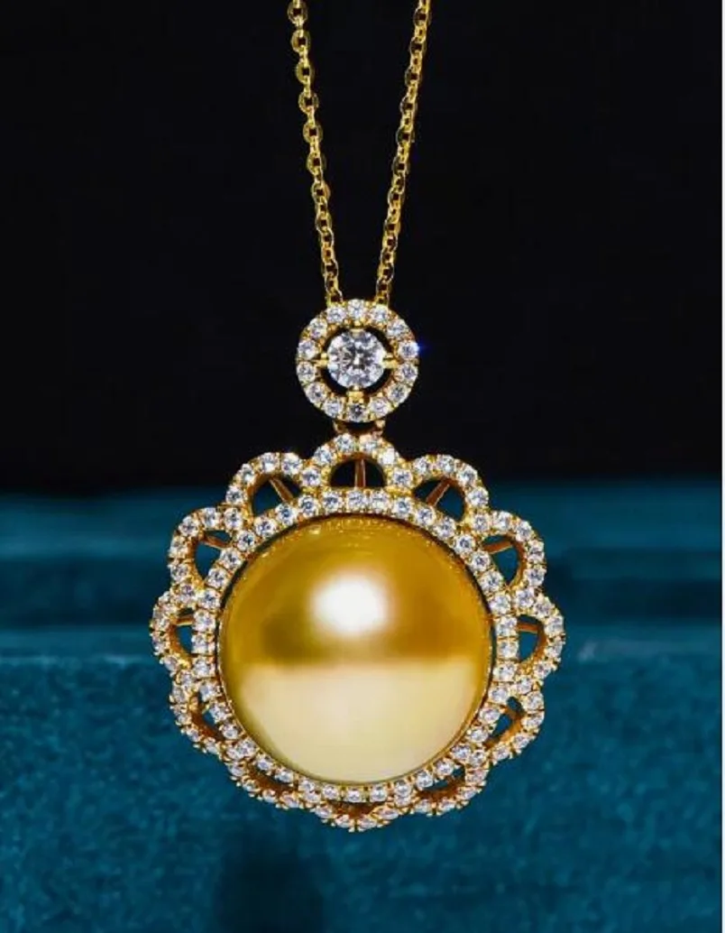 Fashion JewelryAAAAA 9-10mm south sea Golden stud pearl Pendant Necklace 925s