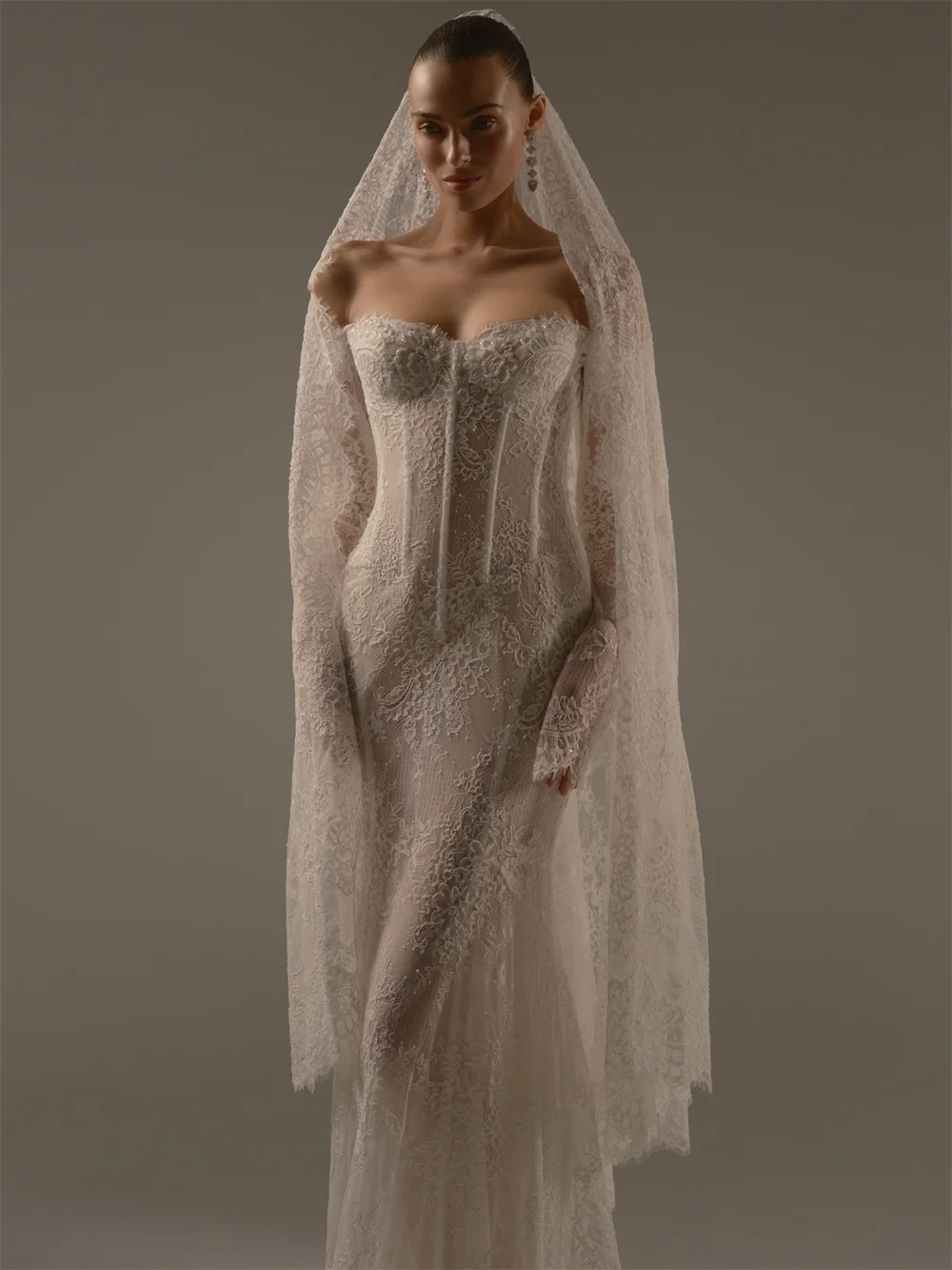 Tokyo Off Shoulder Long Sleeves Wedding Dress Floral Lace Sheer Corset Reception Dinner Vintage Style Bodycon Fit Bridal Gown