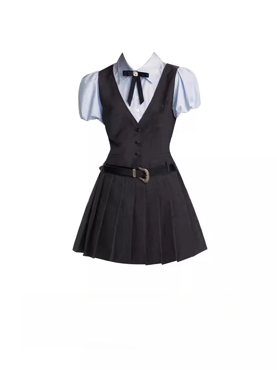 

Праздничное платье из двух частей с длинными рукавами в студенческом стиле, весенне-осенний дизайн, костюм с объемными рукавами, юбка, комплекты с юбкой