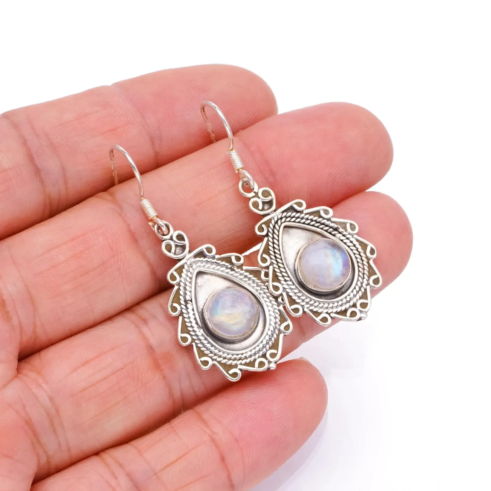 StarGems® Natural Rainbow Moonstone Handmade Boho 925 Sterling Silver Earrings 1 3/4