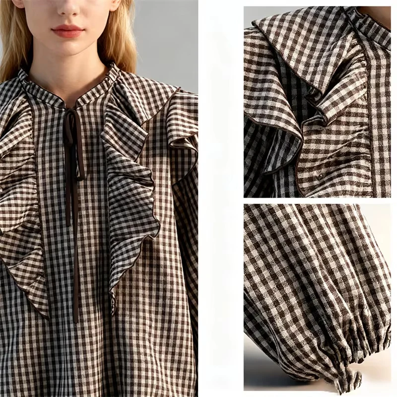 Women's Black & White Gingham Blouse with Ruffle Details, Tie Neck Long Puff Sleeve Checked Top, Vintage Style Casual Shirt