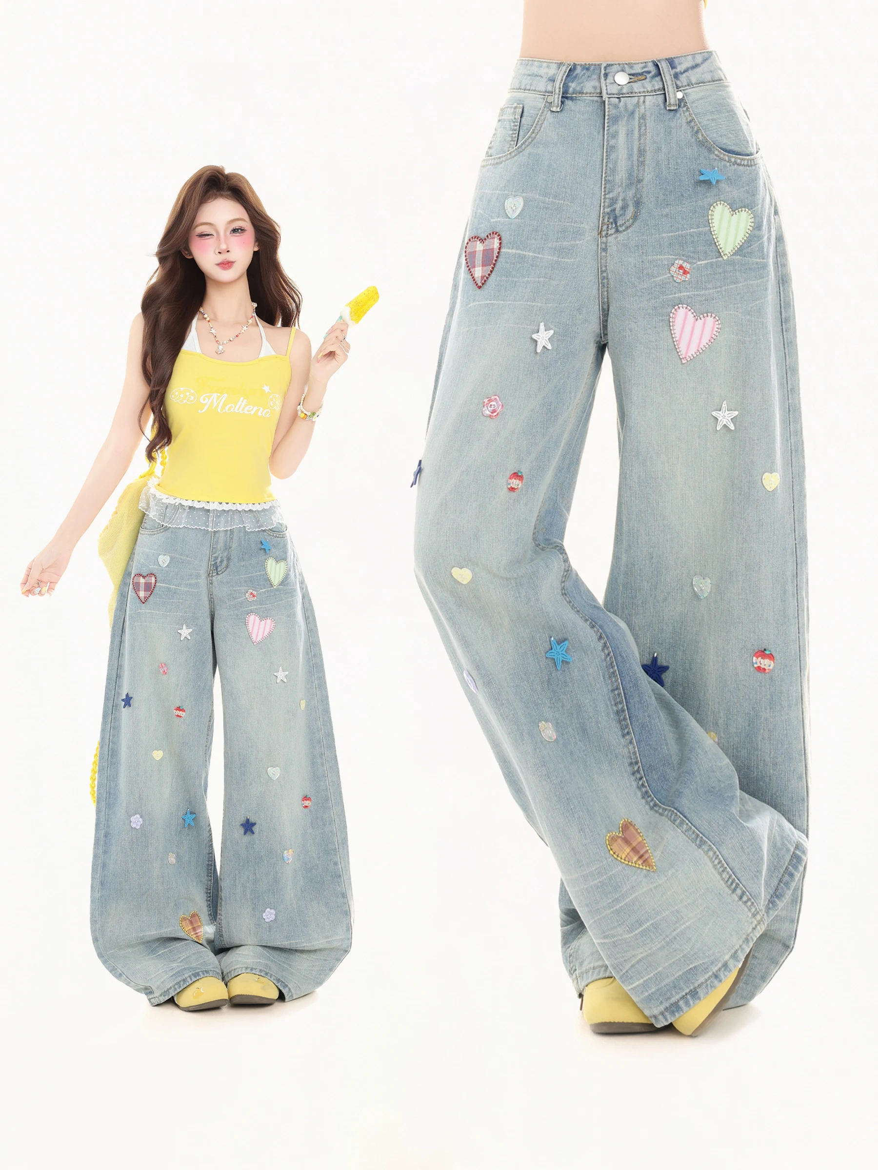 

HTYM Sweet Heart Patch Star Button Decorative Jeans Women Summer New Loose Wide Leg Floor-Length Pants mid Waist Natural Waist