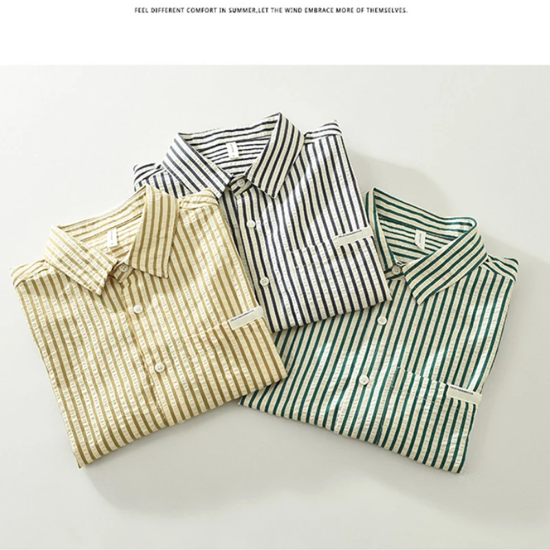 2024 Spring Summer New Simple Fresh Striped Short Sleeve Shirts Men Clothing Casual Cotton Thin Comfortable Streetwear CM8021