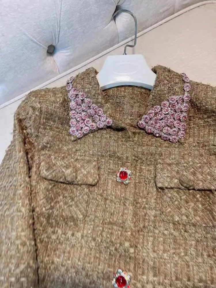 Conjunto de duas peças primavera outono moda feminina diamante tweed jaqueta curta cintura alta saia plissada senhoras vintage doce conjuntos combinando