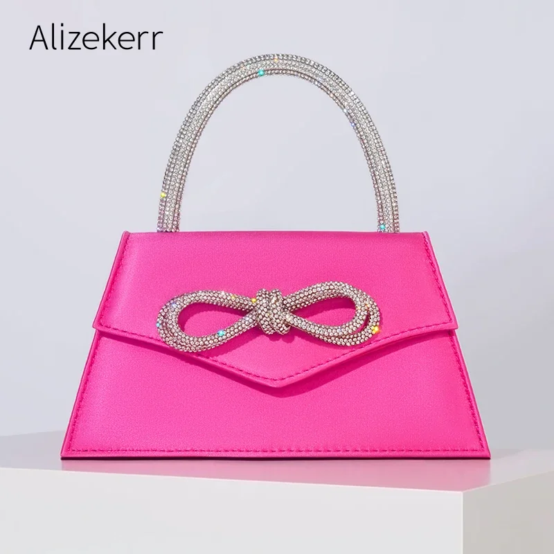 Women Rhinestone Bow Satin Handbags Elegant Boutique Crystal Top Handle Evening Clutch Purses Chain Crossbody Bags Wedding Party