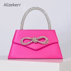 Women Rhinestone Bow Satin Handbags Elegant Boutique Crystal Top Handle Evening Clutch Purses Chain Crossbody Bags Wedding Party