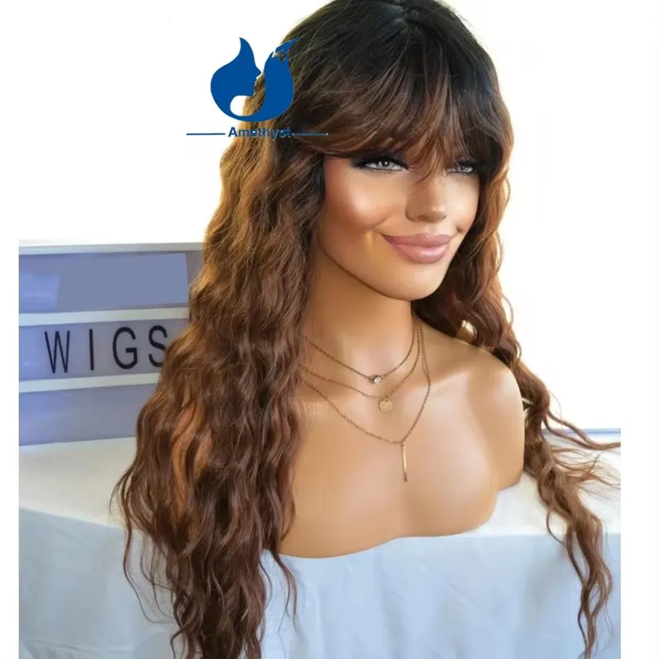 Amethyst Deep Wave Ombre Brown Human Hair Wig With Bangs O Scalp Top Full Machine Made Wig for Women Brazilian Loose Curly Hair