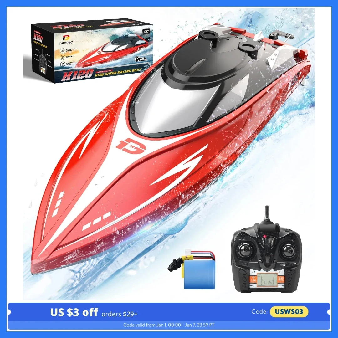 Barco RC DEERC H120 de 2,4 GHz, más de 20 MPH, piscina/lago, batería recargable, recuperación de tamaño grande, alarma de batería baja