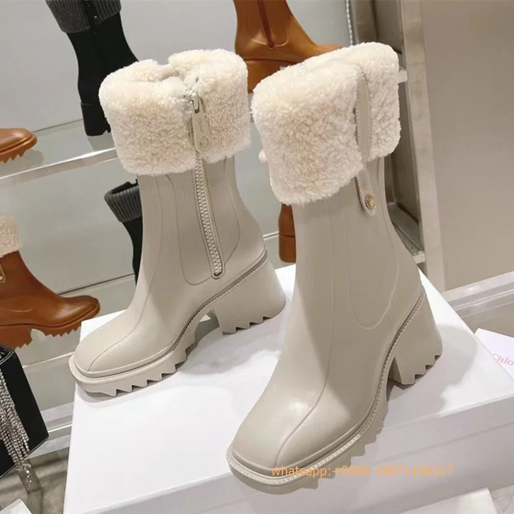 Oryginalne skórzane buty damskie z owczej wełny 2024 Jesień Nowa moda Casual Zipper Mid-Tube Rain Boots Gruba podeszwa Okrągłe buty rycerskie