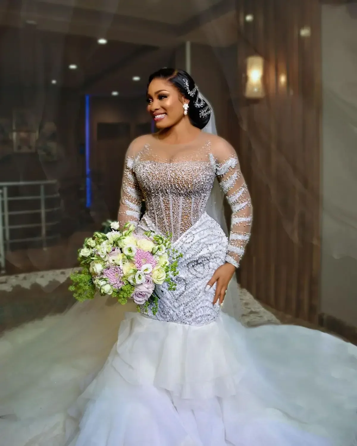 Customized Mermaid Wedding Dresses Illusion Jewel Long Sleeves Lace Crystal Beads Ruffles Tiered Plus Size Custom Country Bridal