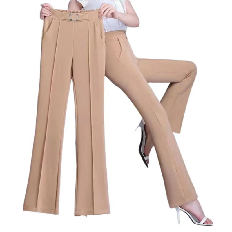 Calça de perna larga feminina, cintura alta, elástica, slim fit, casual, roupa de escritório, primavera, outono