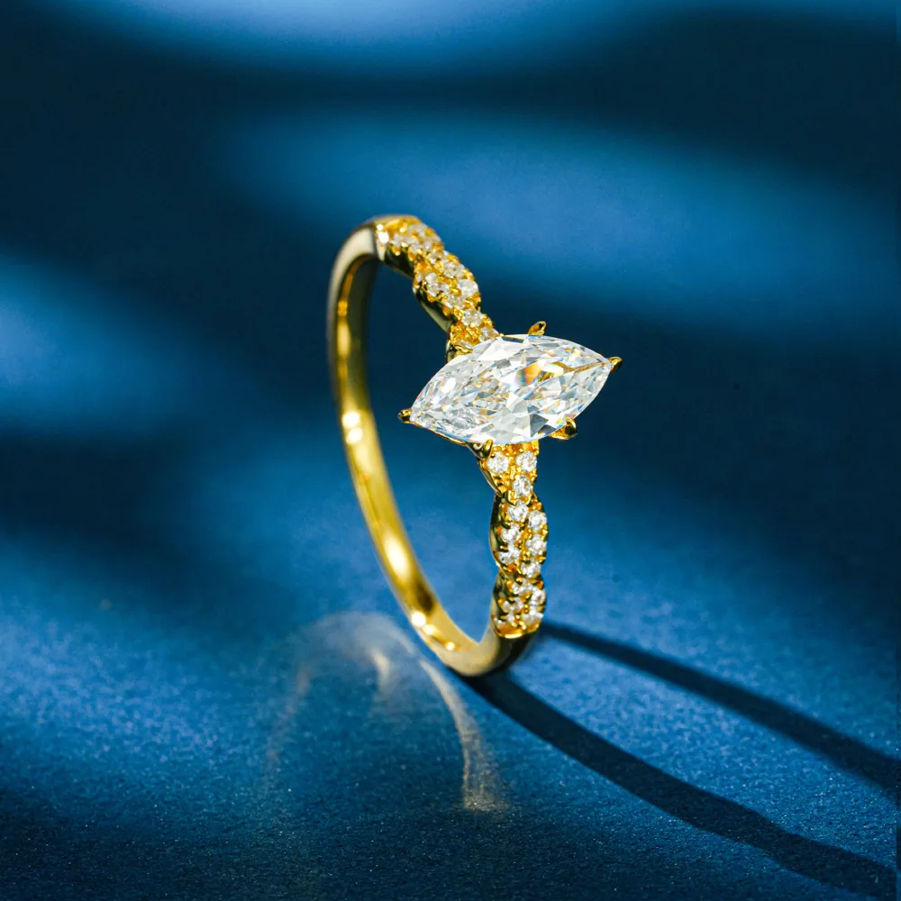 Lumira 100% 18K Gold Marquise 1-carat Moissanite Ring, Twisted Setting with Diamond for Uniquely Shaped Gemstone Engagement Ring